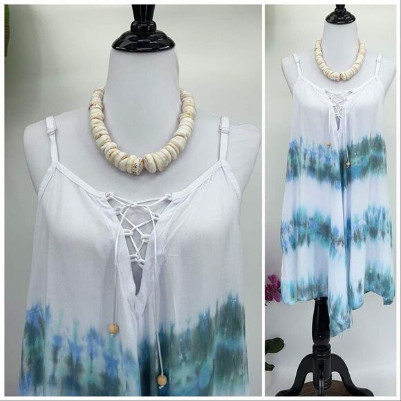 Kau wela Summer Mini Romper Beach Boho Romper Gypsy Overall Wide Leg  Blue/Green - Picture 9 of 16